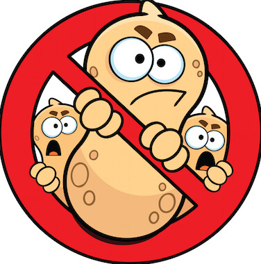 A picture of animated peanuts with a line through a circle over top of them